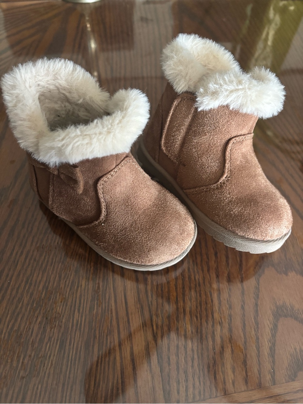 Kids Chestnut Faux-Suede Boots with Cream Faux-Fur Collar